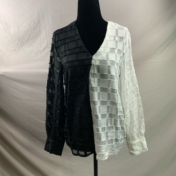 Black And White Sheer Neck V Blouse - Picture 6 of 6